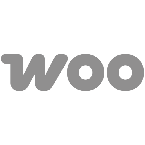 The word 'WOO' appears in large, bold, rounded gray letters centered on a plain white background.