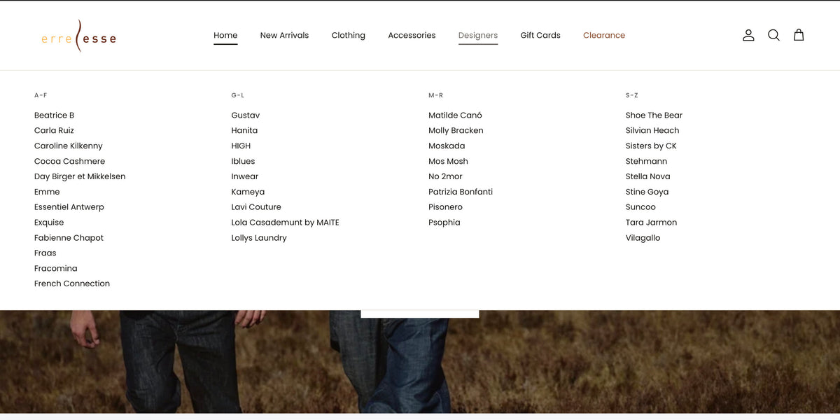 A screenshot of the Erreesse.ie website homepage, showing the brand logo, navigation menu, search bar, and a banner featuring models wearing jeans and a denim jacket.