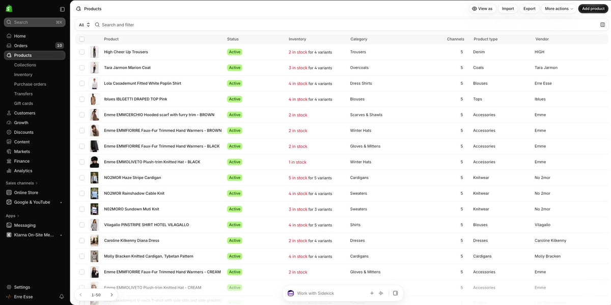 A screenshot of a Shopify web browser page showing a product list interface, with a desktop background and a small circular profile picture in the lower-left corner.
