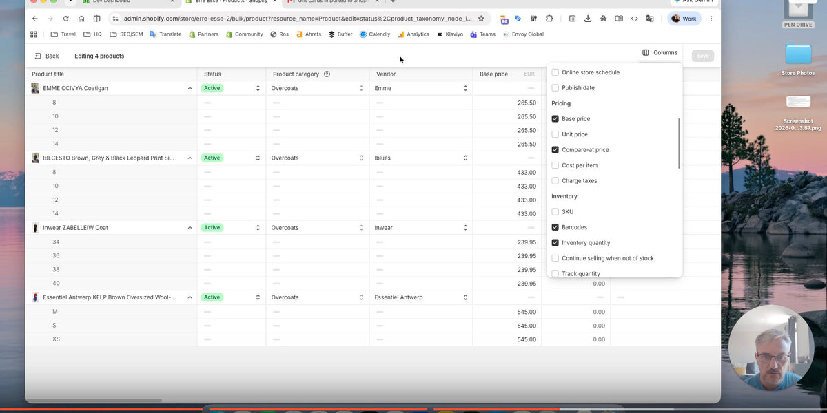 A screenshot of a Shopify web browser page showing a product list interface, with a desktop background and a small circular profile picture in the lower-left corner.