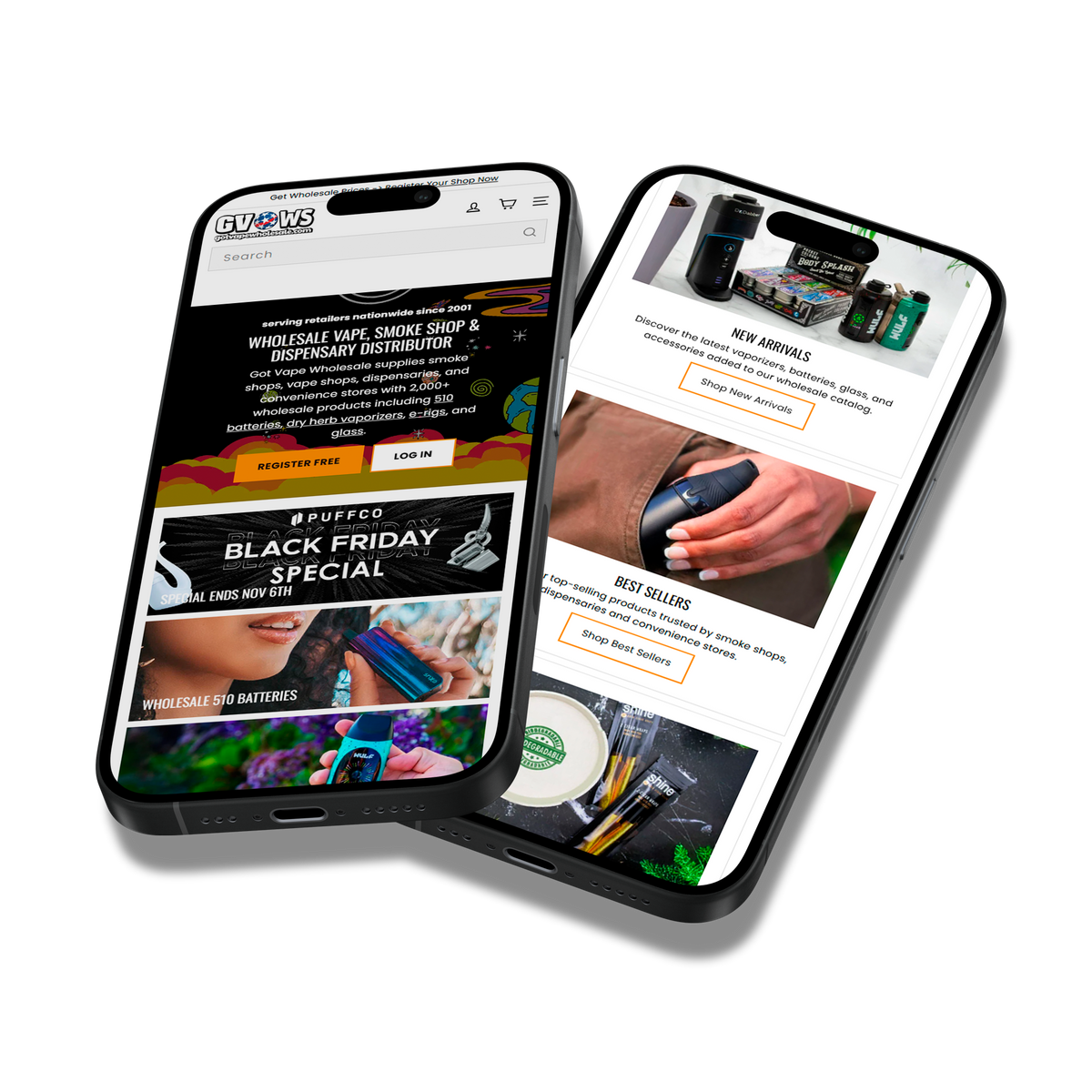 Two smartphones displaying e-commerce web pages for a vape shop, shown on a clean white background.