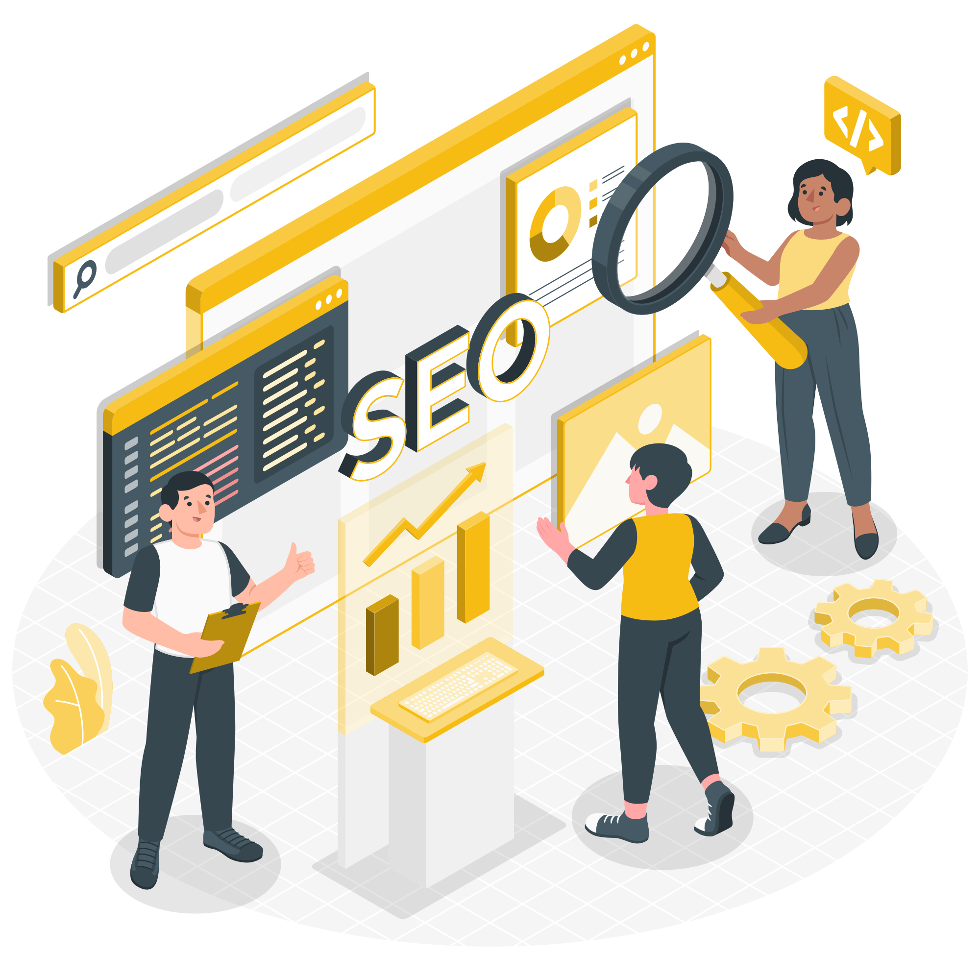 Isometric illustration of three people collaborating around large digital screens and analytics boards, with the word SEO prominently displayed and gear icons on a light gray grid background.