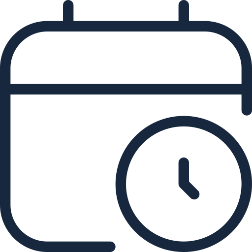 Navy blue icon of a calendar with a clock face on a white background