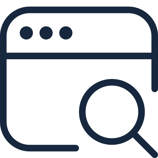 Navy blue icon of a browser window with a magnifying glass, symbolizing search functionality.