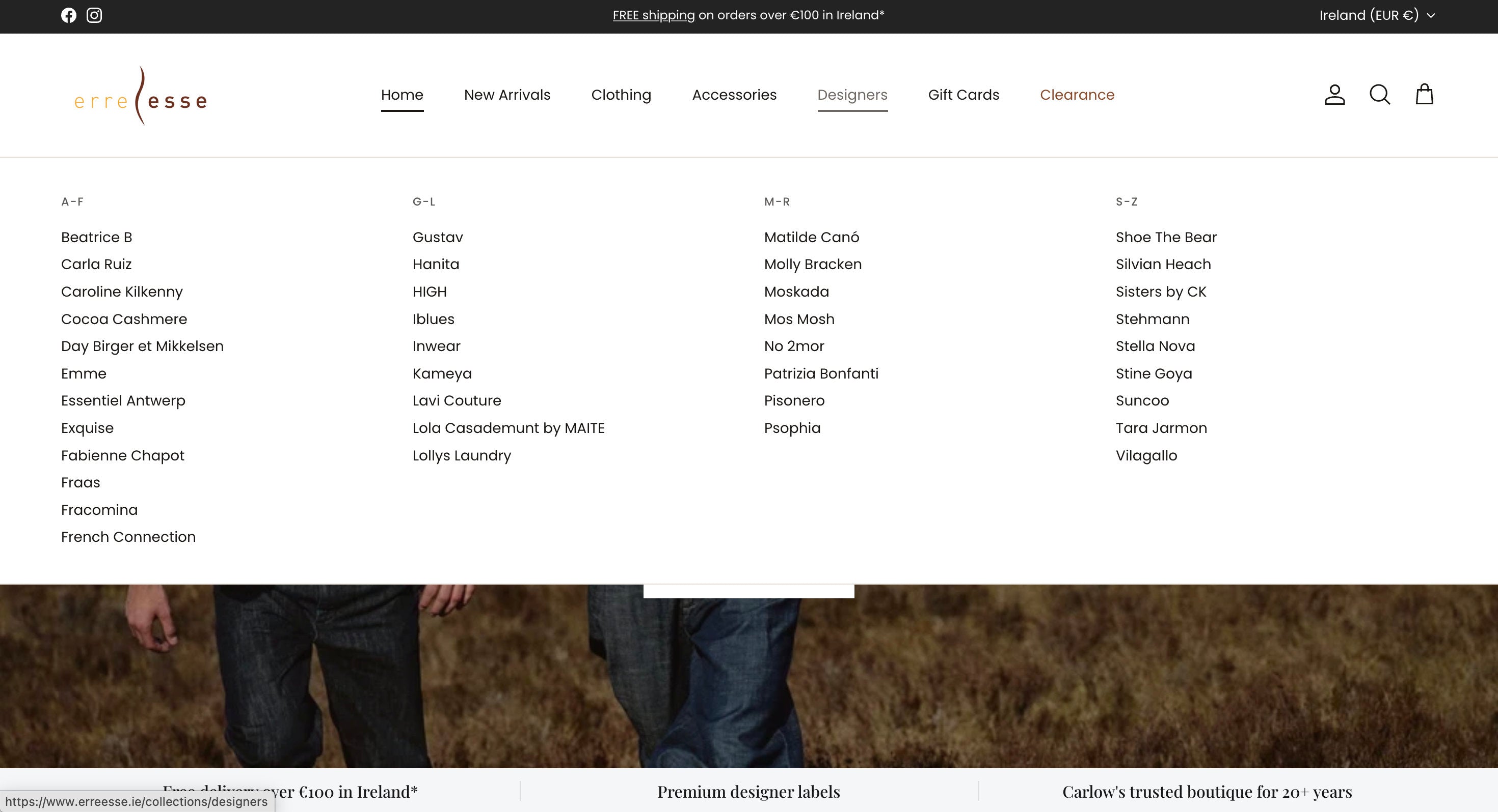 A screenshot of the Erreesse.ie website homepage, showing the brand logo, navigation menu, search bar, and a banner featuring models wearing jeans and a denim jacket.