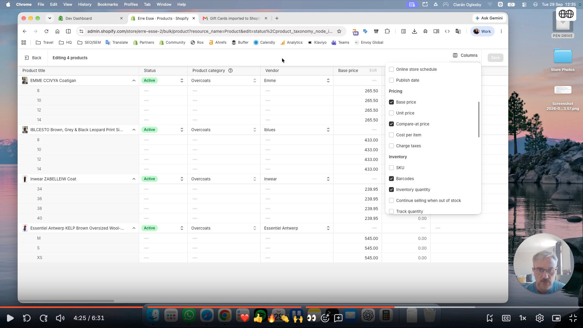 A screenshot of a Shopify web browser page showing a product list interface, with a desktop background and a small circular profile picture in the lower-left corner.