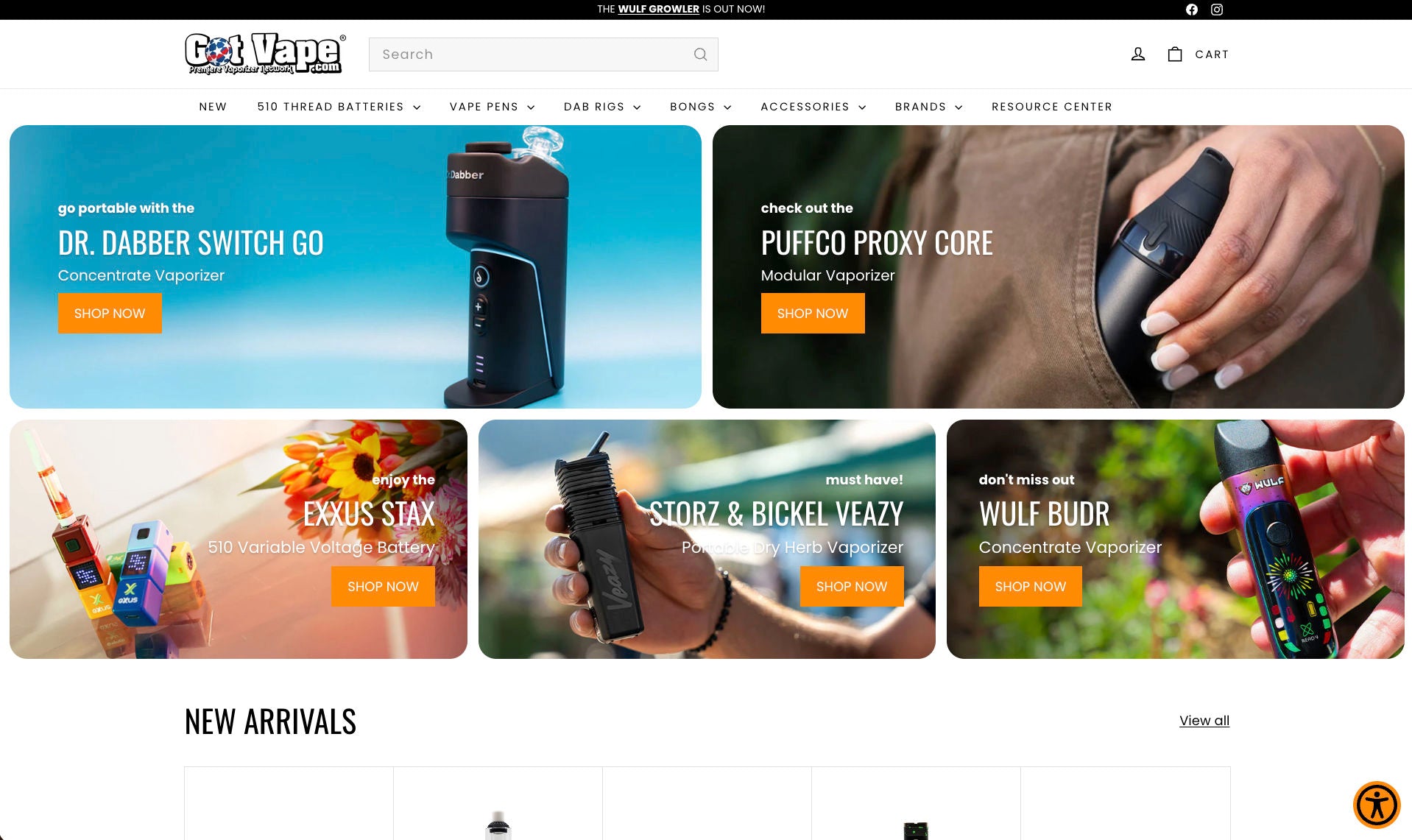 A screenshot of the GotVape website homepage showing multiple promotional product tiles for vape devices and accessories. 